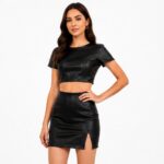 skirts Women's Faux Leather Skirt High Waist Tummy Control Bodycon Mini Short Skirt with Slit
