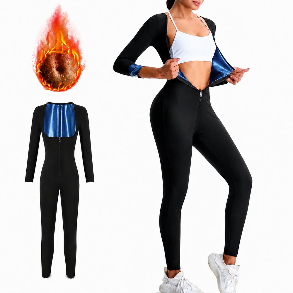 jumpsuit- 3 in 1 waist trimmer shaper Plus Size Sauna Suit Jumpsuit – Full Body Compression Long Sleeve Waist Trainer with Heat-Trapping Fabric for Gym & Running